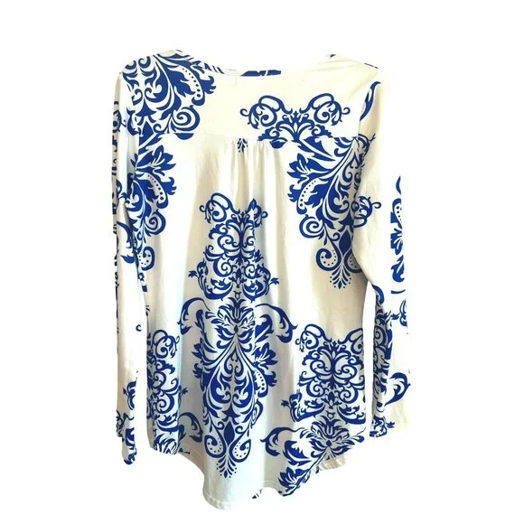 Halife Womens Long Sleeve Blue and White Abstract Patterned Tunic Top M - Picture 5 of 6